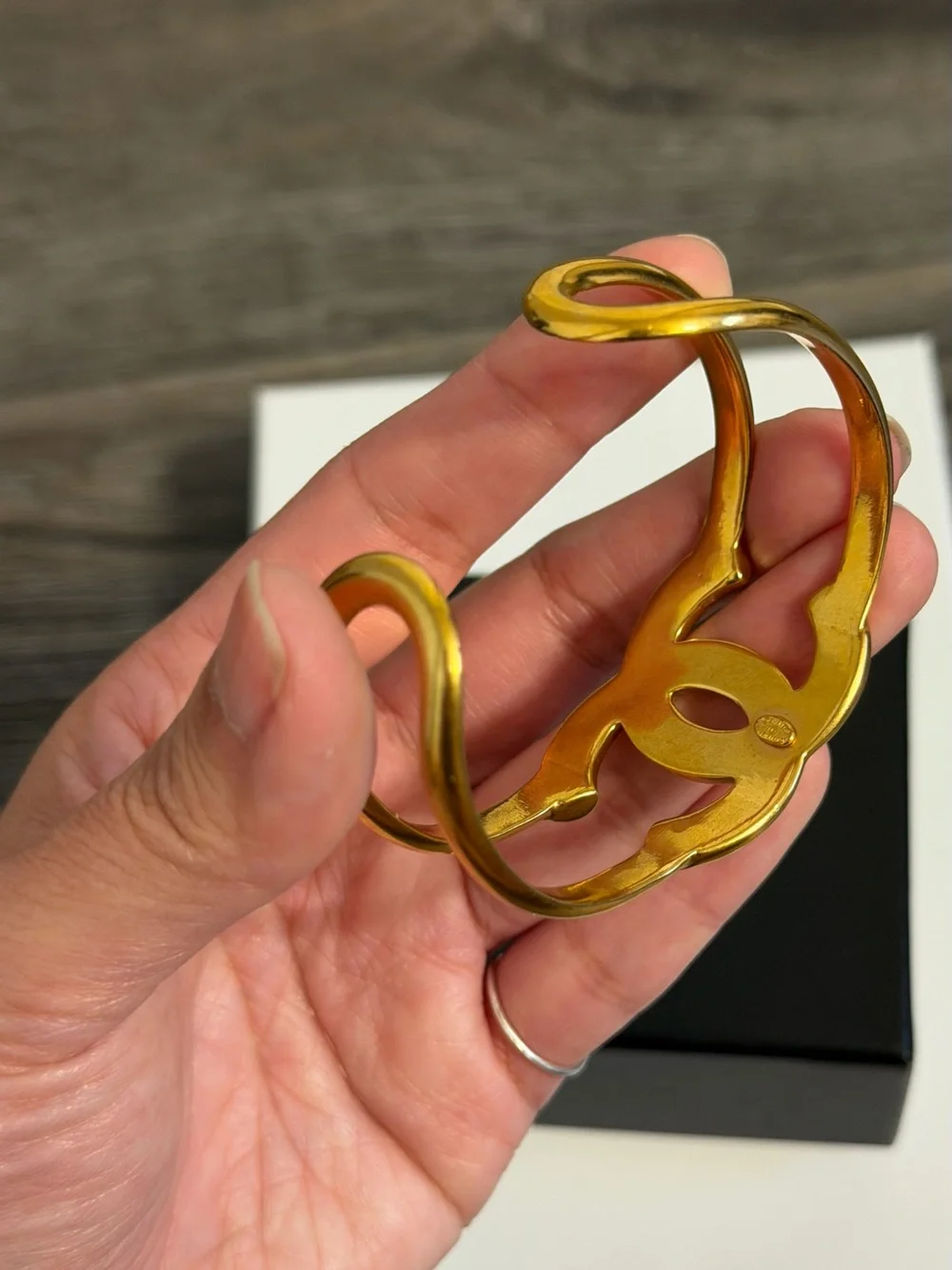 CHANEL Vintage Gold CC Logo Cuff Bracelet